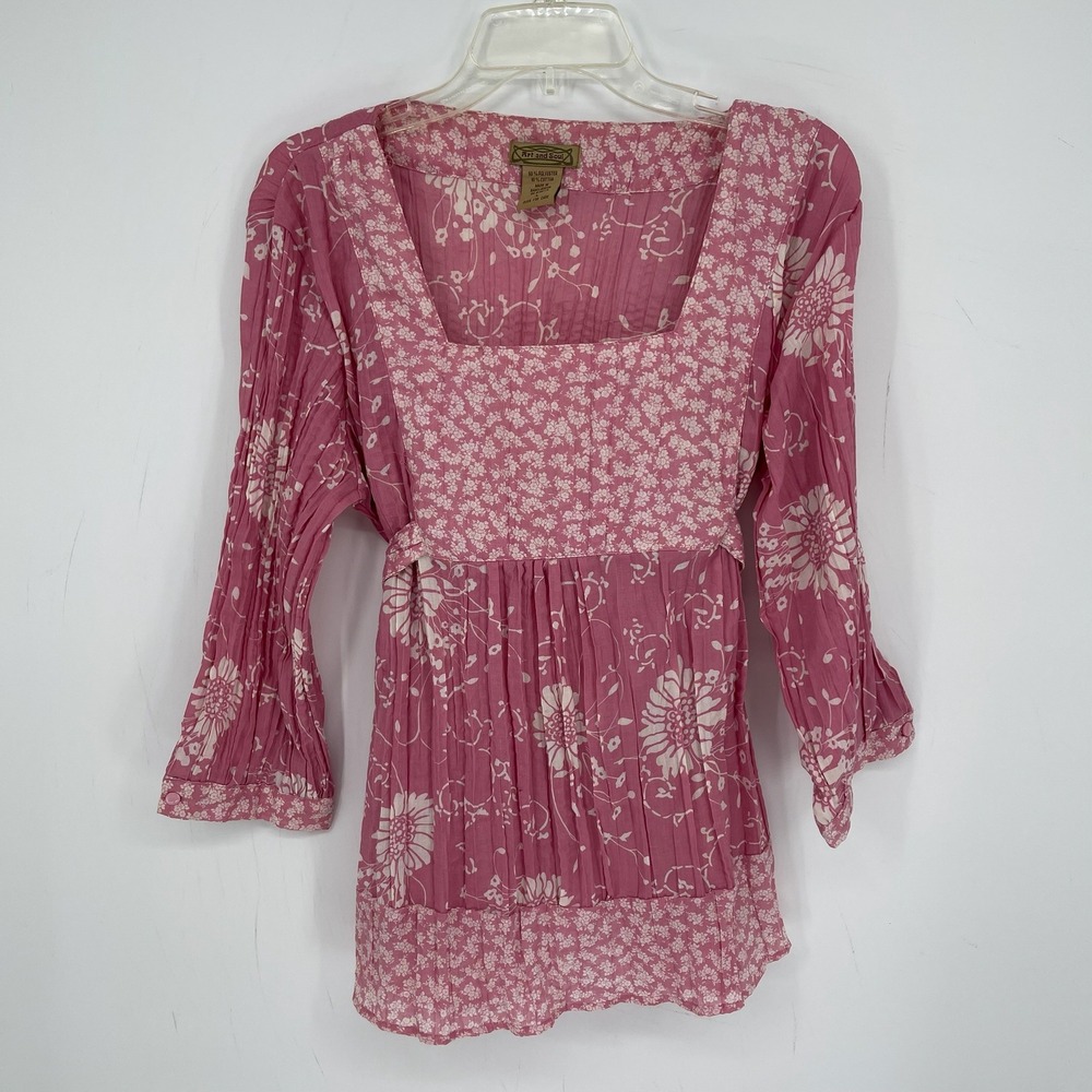 Art and Soul Women's Pink Floral Crinkle Square Neck Tie Back Boho Blouse Size L